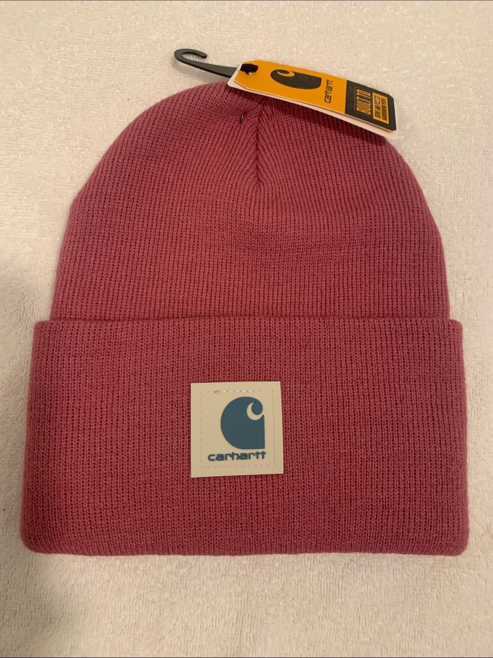 Carhartt knit rubber patch beanie in deep pink! NWT